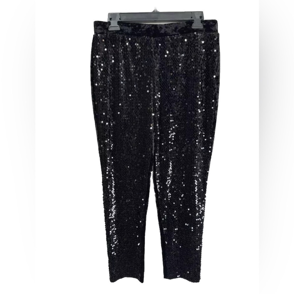 Chico’s Pants Womens 0.5 (S/6) Black Sequin Velvet Tapered Ankle Pull-On Hi Rise